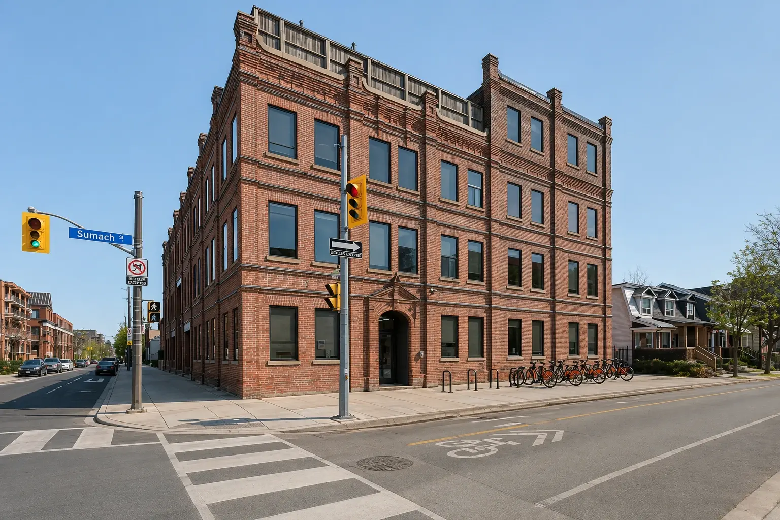 Urban intersection with brick building and bikes
